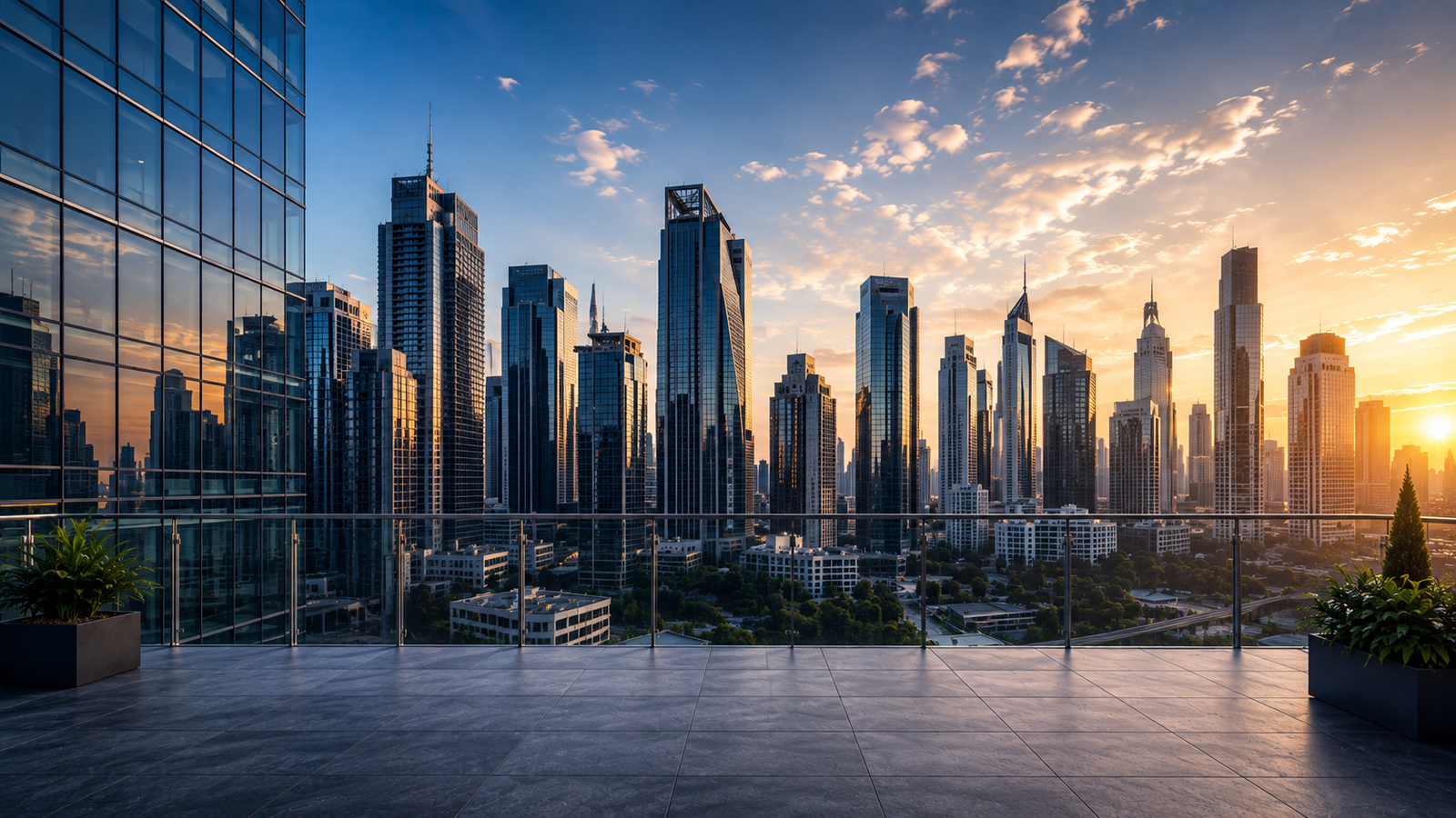 City skyline at sunset